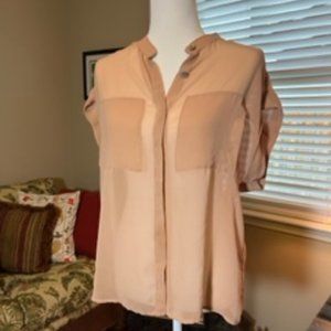 CAbi Shear Tan Blouse with Faux Front Pockets